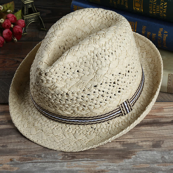 Sombrero fedora de paja unisex estilo bohemio para playa, hecho a mano, para verano