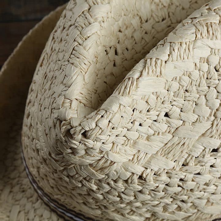 Sombrero fedora de paja unisex estilo bohemio para playa, hecho a mano, para verano