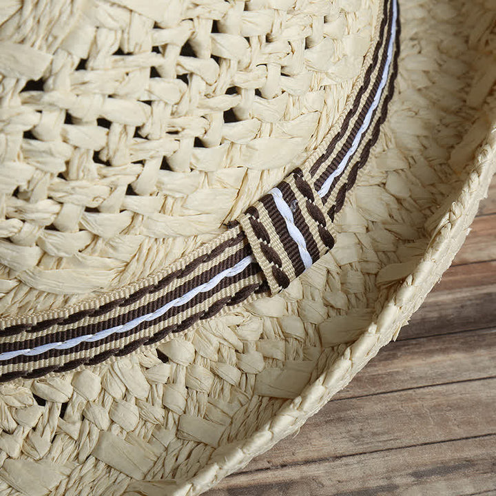 Sombrero fedora de paja unisex estilo bohemio para playa, hecho a mano, para verano