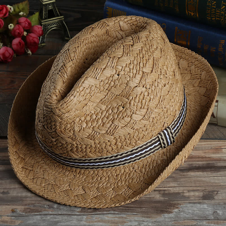 Sombrero fedora de paja unisex estilo bohemio para playa, hecho a mano, para verano