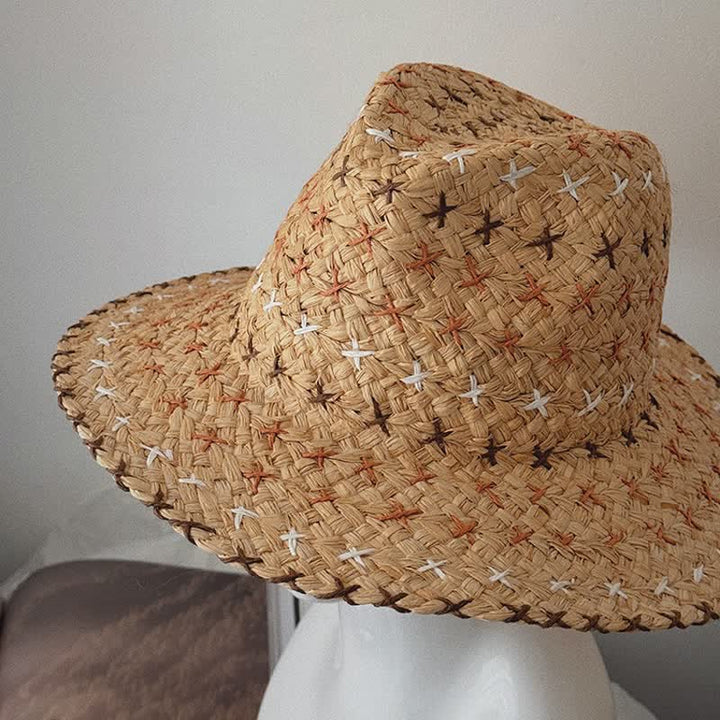 Sombrero fedora de paja unisex transpirable con aleros grandes y parte superior plana