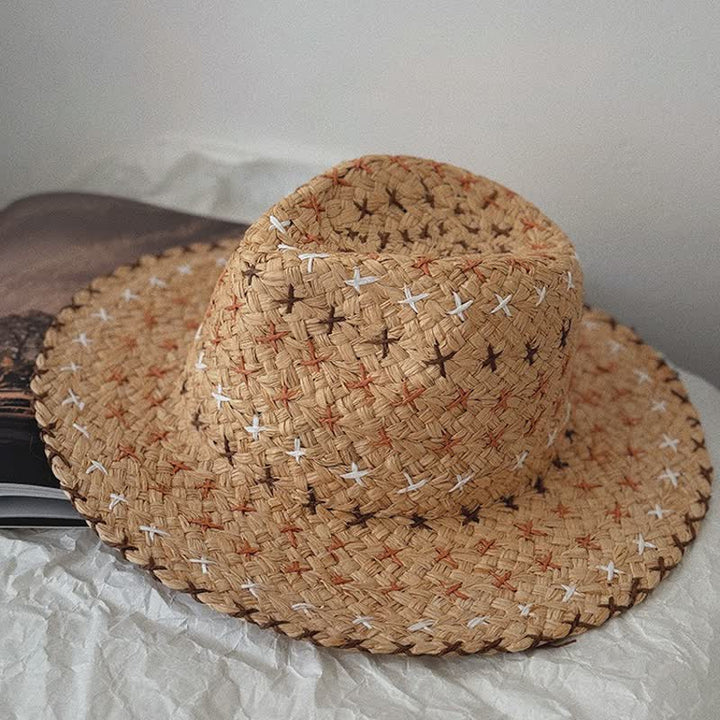Sombrero fedora de paja unisex transpirable con aleros grandes y parte superior plana