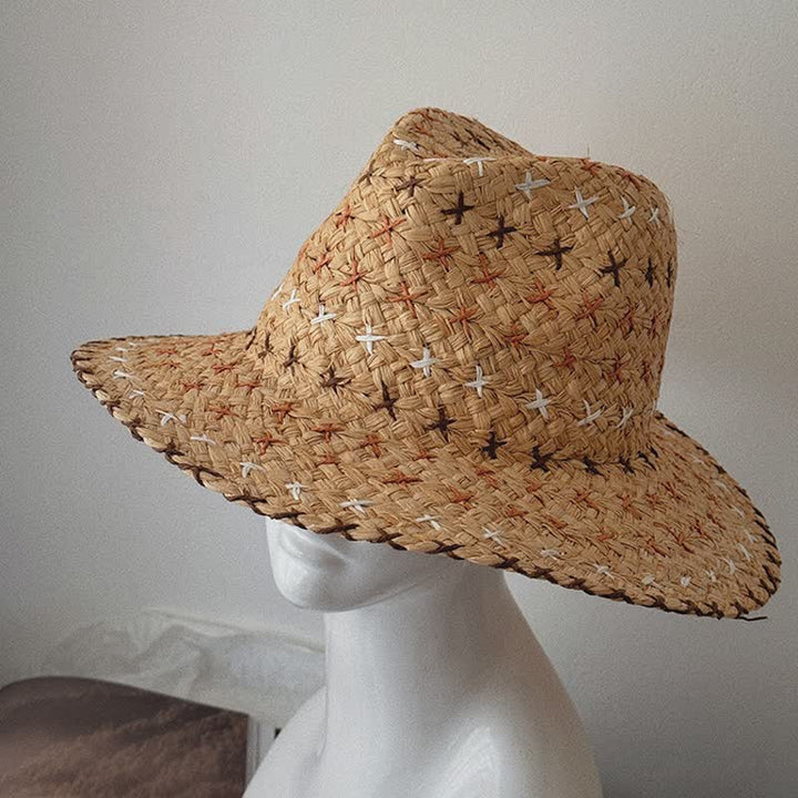 Sombrero fedora de paja unisex transpirable con aleros grandes y parte superior plana