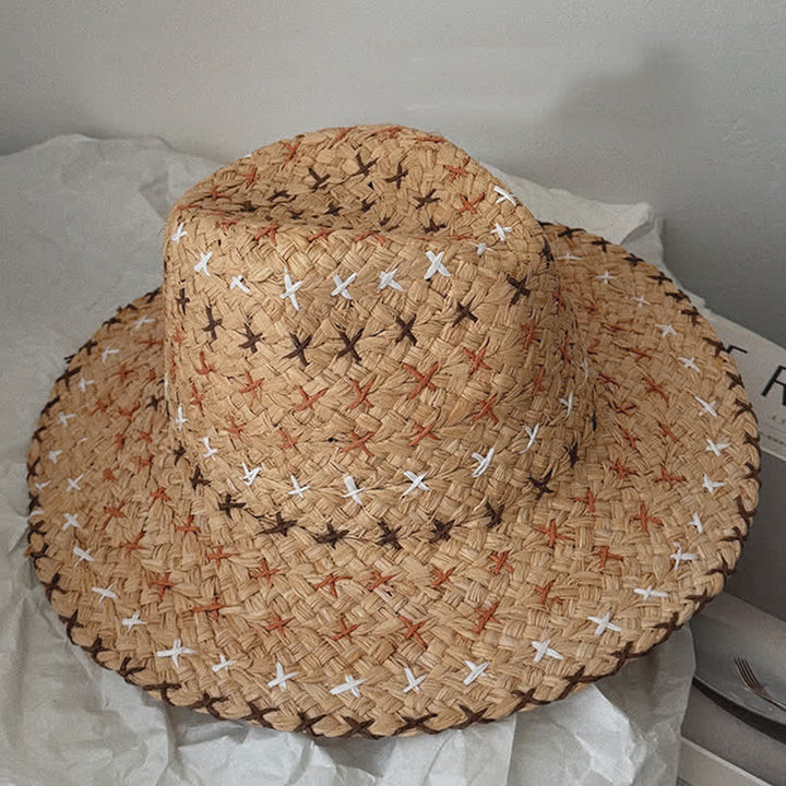 Sombrero fedora de paja unisex transpirable con aleros grandes y parte superior plana
