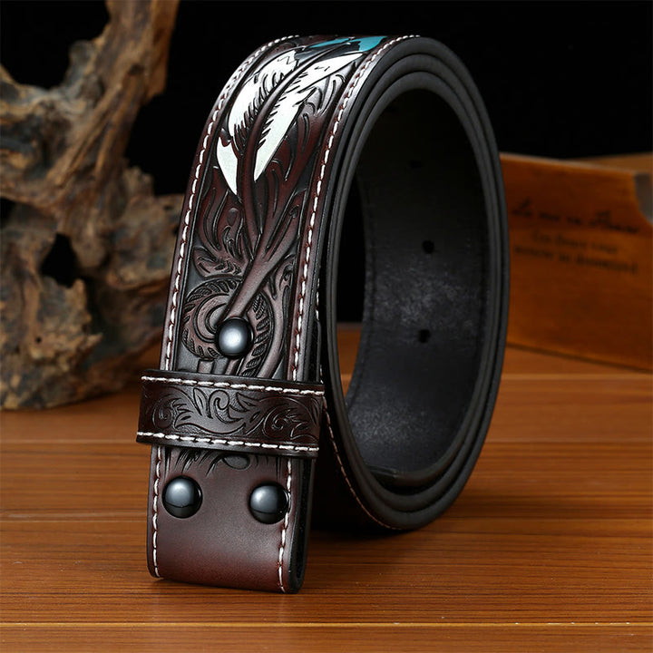 Cinturón de cuero con plumas punk en relieve, hecho a mano, sin hebilla