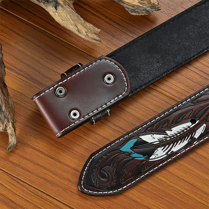 Cinturón de cuero con plumas punk en relieve, hecho a mano, sin hebilla