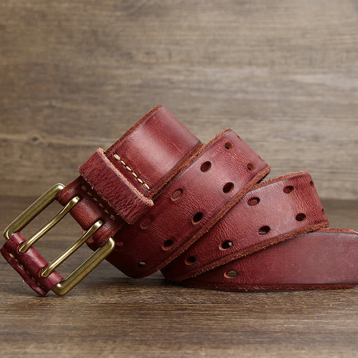 Cinturón de cuero estilo western con hebilla de doble punta y dos agujeros