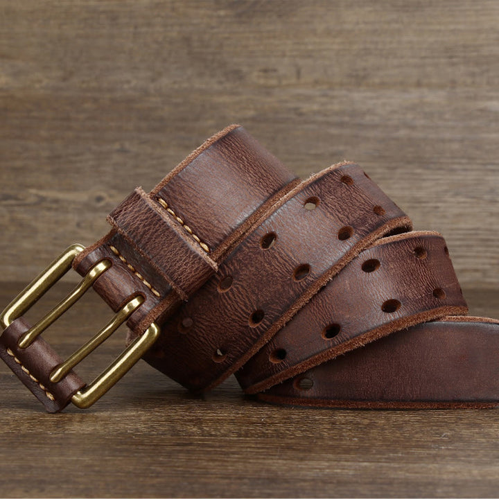 Cinturón de cuero estilo western con hebilla de doble punta y dos agujeros