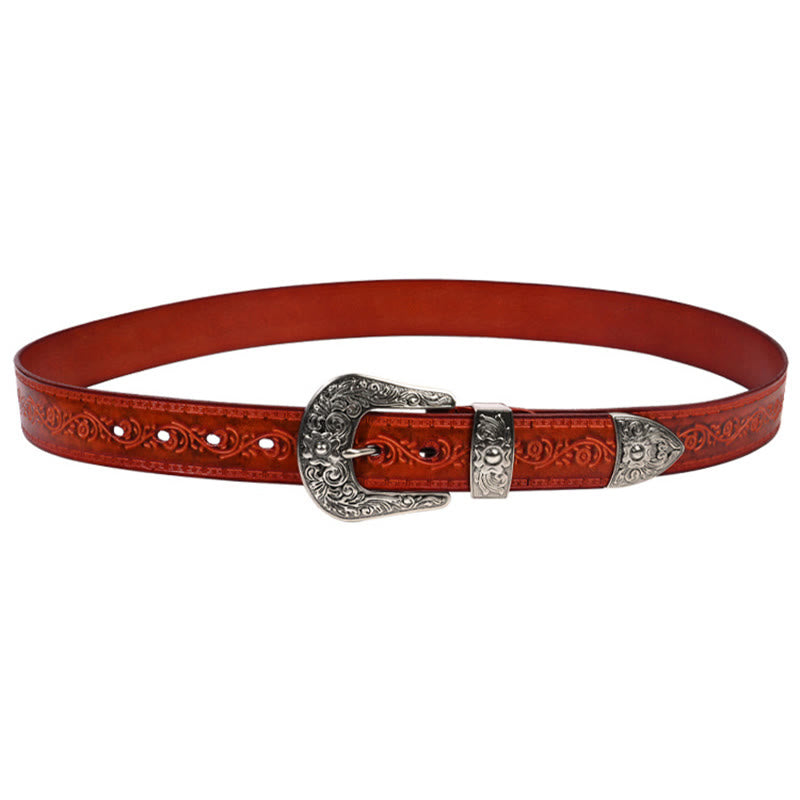 Cinturón de cuero con relieve estilo western con hebilla plateada