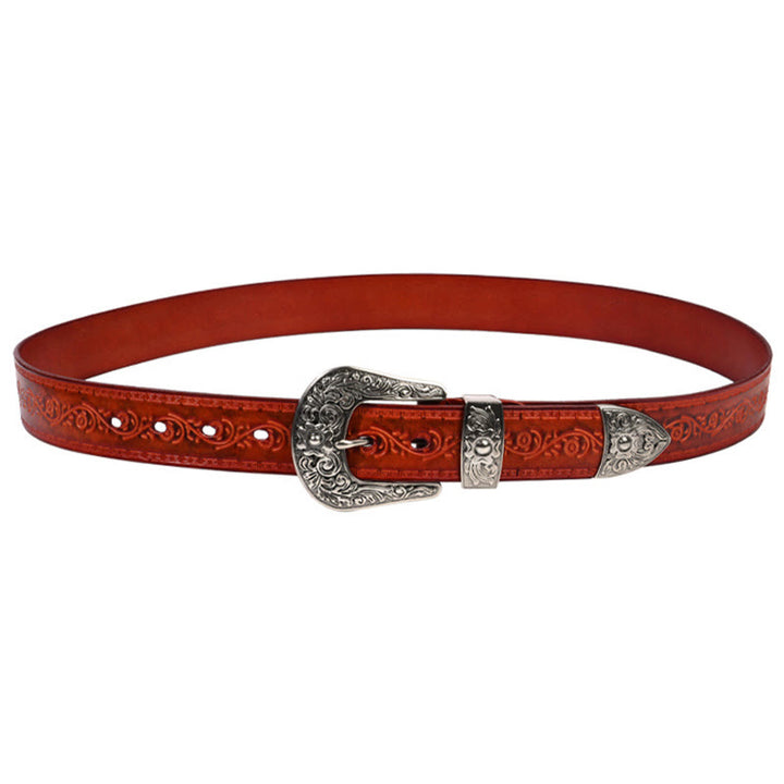 Cinturón de cuero con relieve estilo western con hebilla plateada