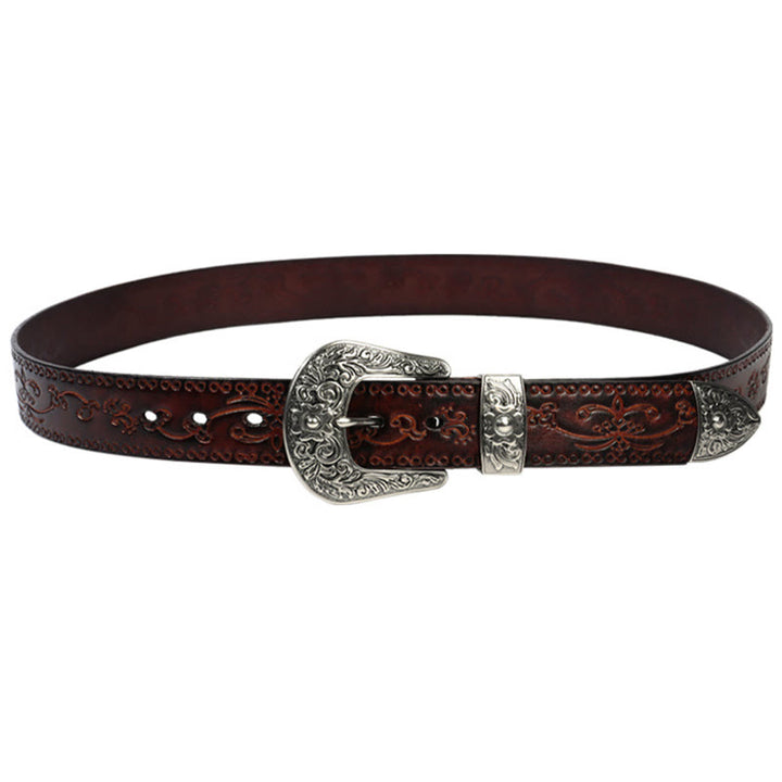 Cinturón de cuero con relieve estilo western con hebilla plateada