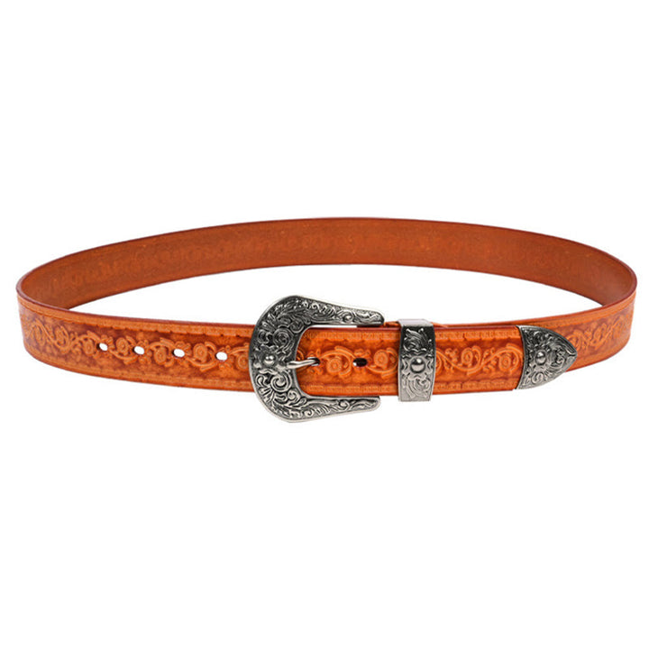 Cinturón de cuero con relieve estilo western con hebilla plateada