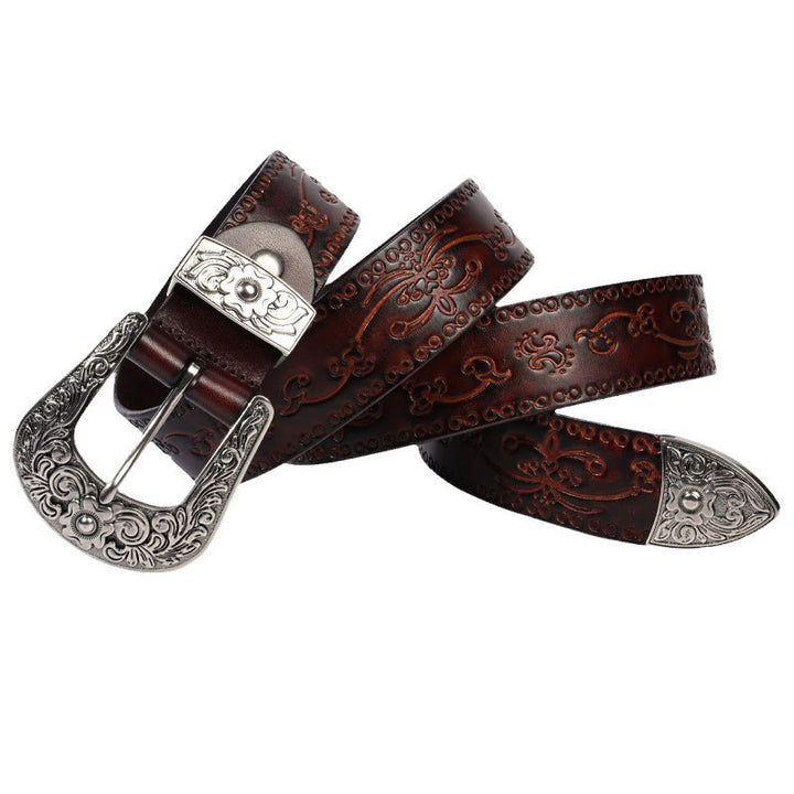 Cinturón de cuero con relieve estilo western con hebilla plateada