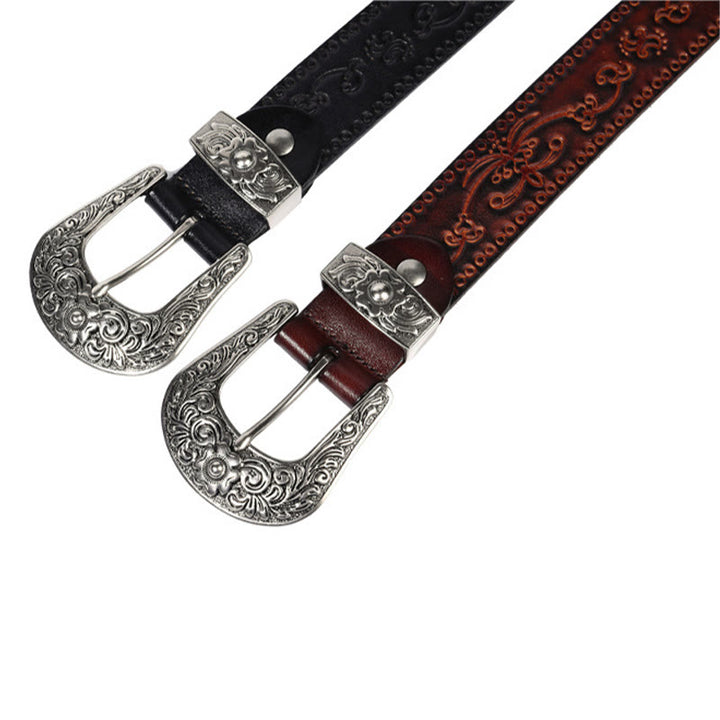 Cinturón de cuero con relieve estilo western con hebilla plateada