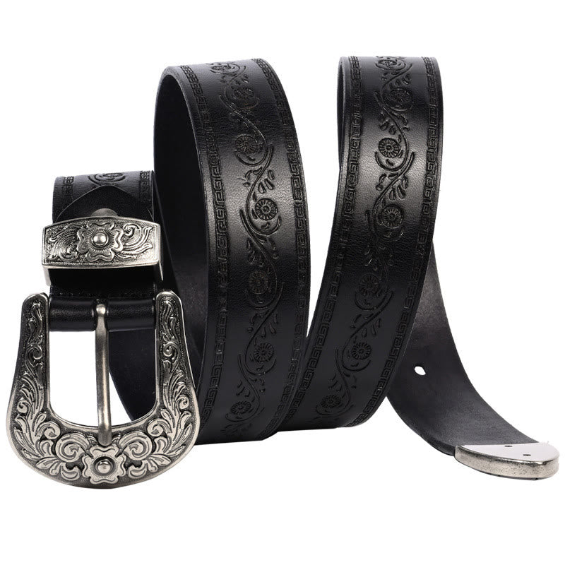 Cinturón de cuero con relieve estilo western con hebilla plateada
