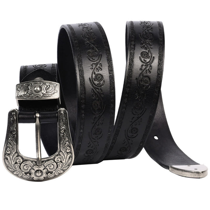 Cinturón de cuero con relieve estilo western con hebilla plateada