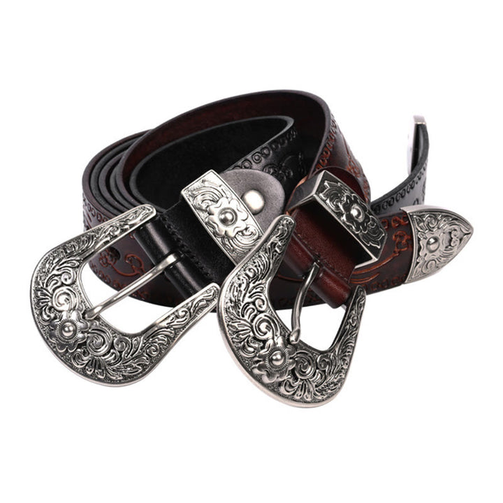 Cinturón de cuero con relieve estilo western con hebilla plateada