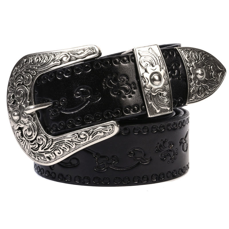 Cinturón de cuero con relieve estilo western con hebilla plateada
