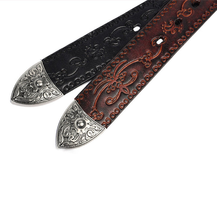 Cinturón de cuero con relieve estilo western con hebilla plateada