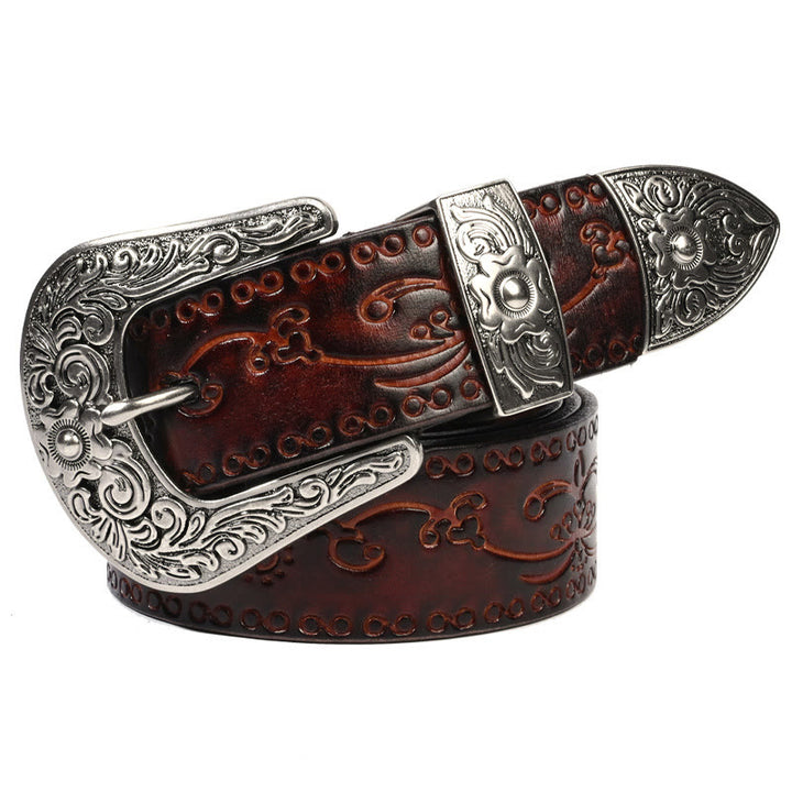 Cinturón de cuero con relieve estilo western con hebilla plateada