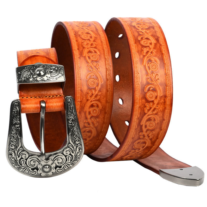 Cinturón de cuero con relieve estilo western con hebilla plateada