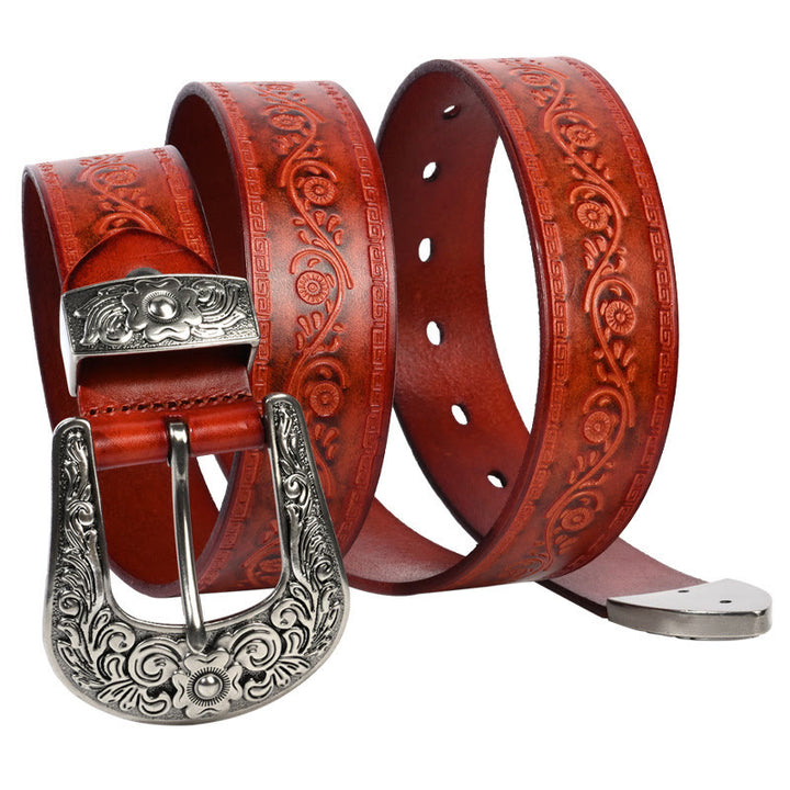 Cinturón de cuero con relieve estilo western con hebilla plateada