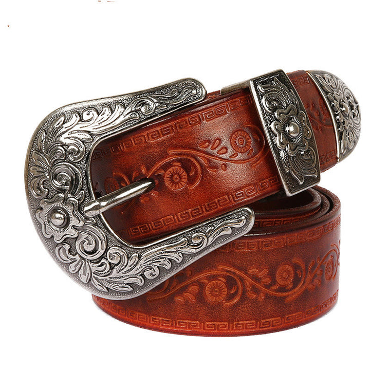 Cinturón de cuero con relieve estilo western con hebilla plateada