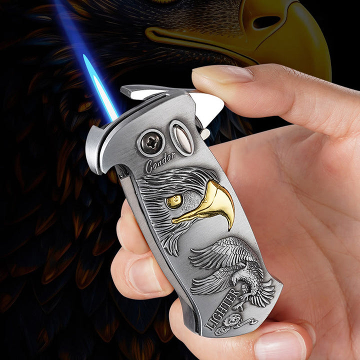 Encendedor de butano recargable con linterna de chorro, plegable y de metal resistente al viento