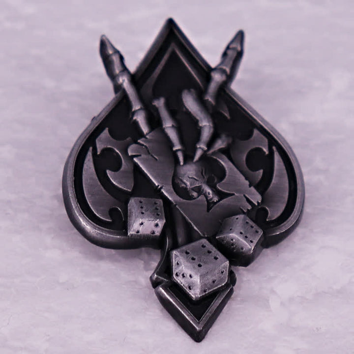 Broche de as de picas, calavera, esqueleto, mano del diablo, cuernos