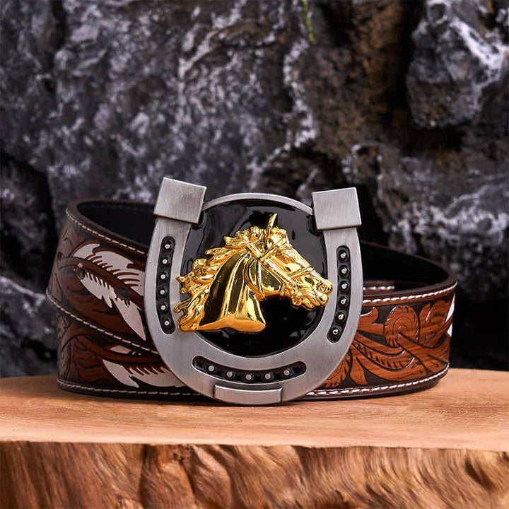 Cinturón de cuero con hebilla en forma de herradura, dorado y negro, DIY