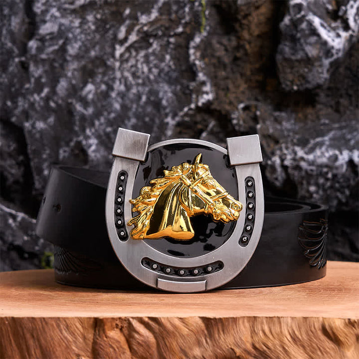 Cinturón de cuero con hebilla en forma de herradura, dorado y negro, DIY
