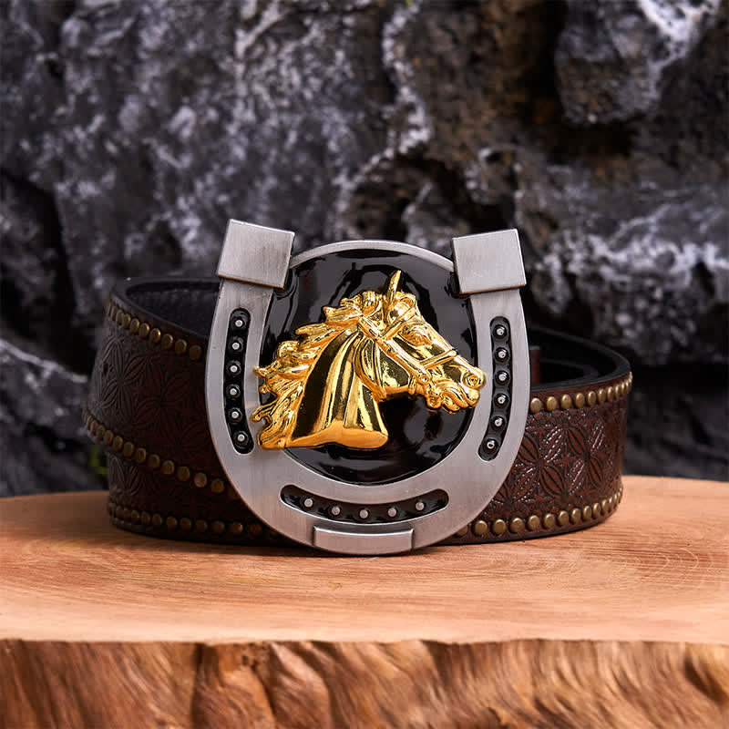 Cinturón de cuero con hebilla en forma de herradura, dorado y negro, DIY