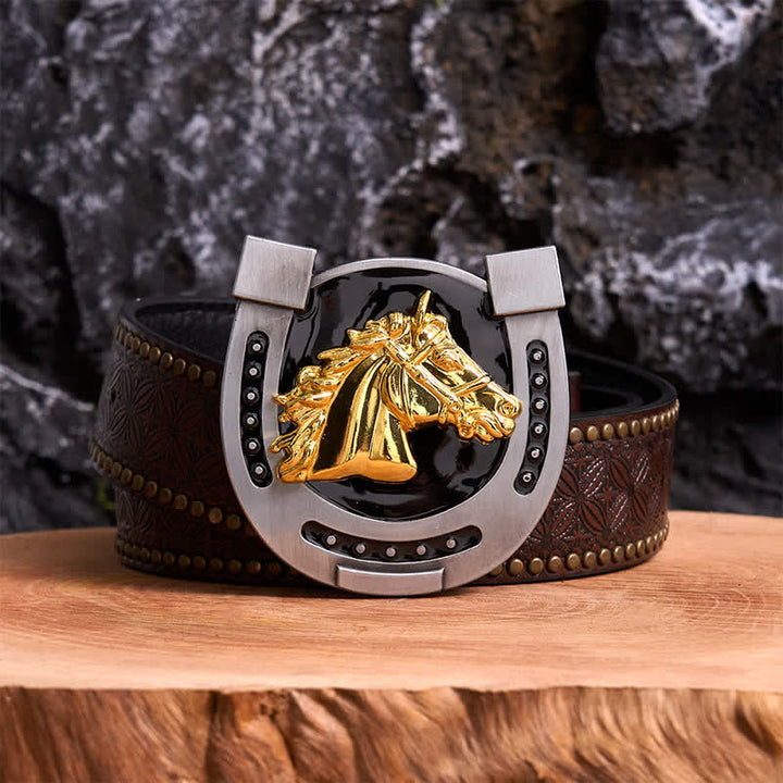 Cinturón de cuero con hebilla en forma de herradura, dorado y negro, DIY