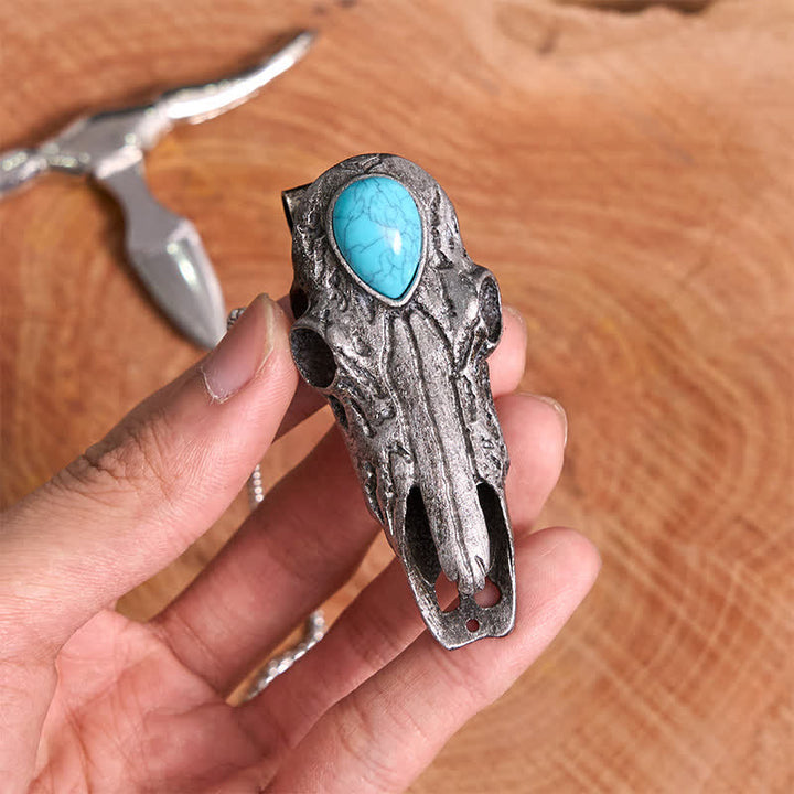 Hebilla de cinturón con colgante multifunción EDC con calavera de cuernos largos color turquesa