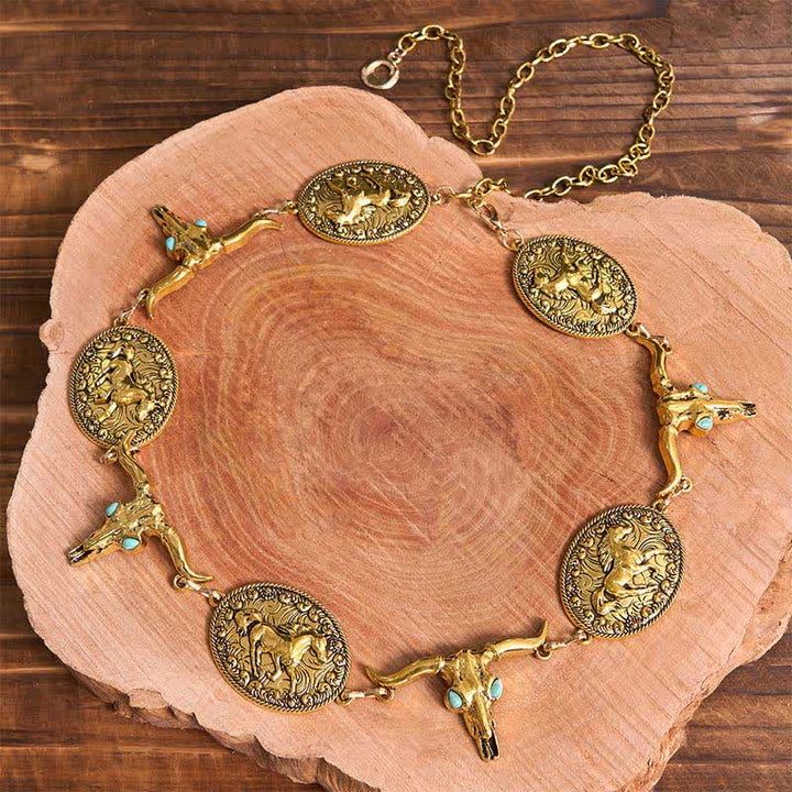 Cinturón estilo concho estilo western con cabeza de toro y turquesa sintética para mujer