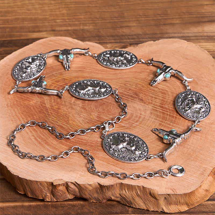 Cinturón estilo concho estilo western con cabeza de toro y turquesa sintética para mujer