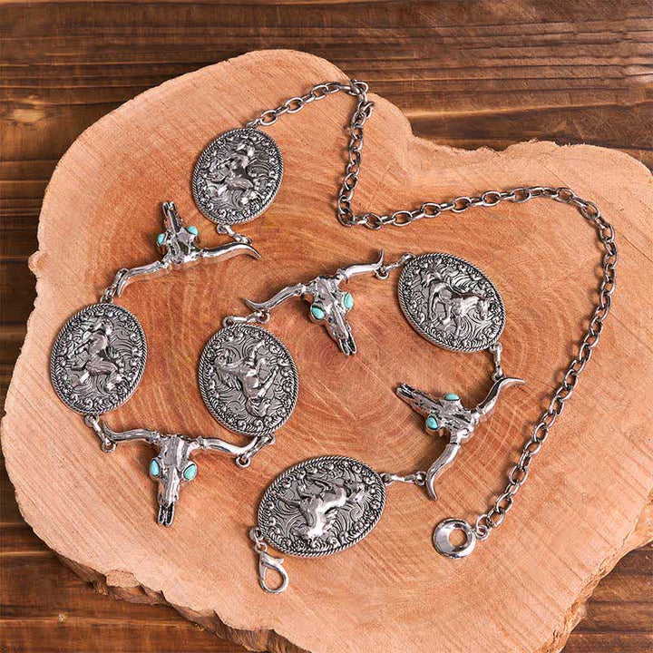 Cinturón estilo concho estilo western con cabeza de toro y turquesa sintética para mujer