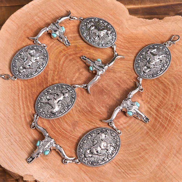 Cinturón estilo concho estilo western con cabeza de toro y turquesa sintética para mujer
