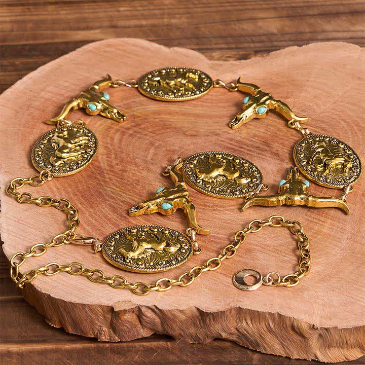 Cinturón estilo concho estilo western con cabeza de toro y turquesa sintética para mujer