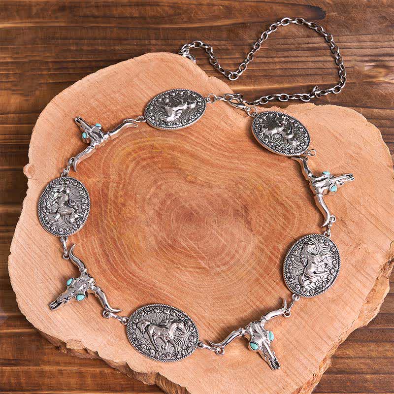 Cinturón estilo concho estilo western con cabeza de toro y turquesa sintética para mujer