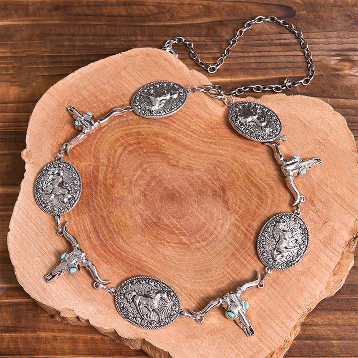 Cinturón estilo concho estilo western con cabeza de toro y turquesa sintética para mujer