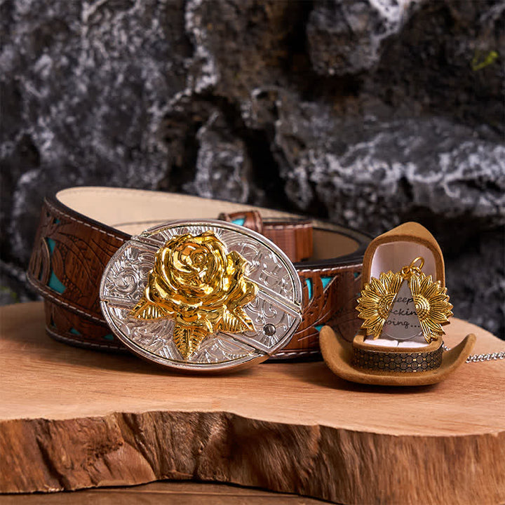 Conjunto de collar con girasol y hebilla de cinturón con cuchillo oculto en forma de rosa, dorado y plateado