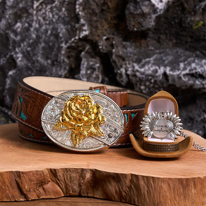 Conjunto de collar con girasol y hebilla de cinturón con cuchillo oculto en forma de rosa, dorado y plateado