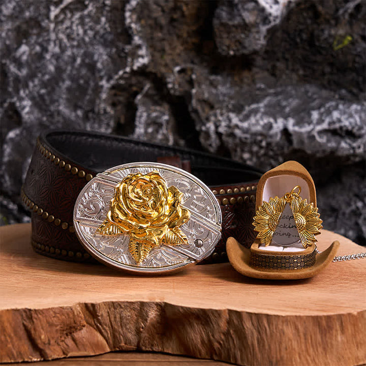 Conjunto de collar con girasol y hebilla de cinturón con cuchillo oculto en forma de rosa, dorado y plateado