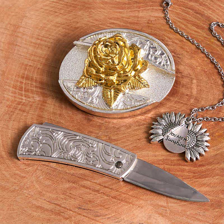 Conjunto de collar con girasol y hebilla de cinturón con cuchillo oculto en forma de rosa, dorado y plateado