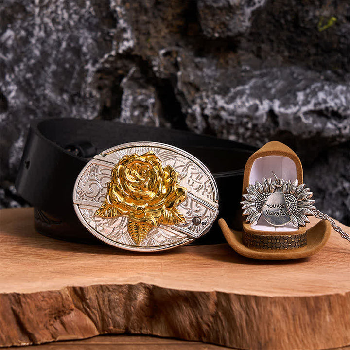Conjunto de collar con girasol y hebilla de cinturón con cuchillo oculto en forma de rosa, dorado y plateado