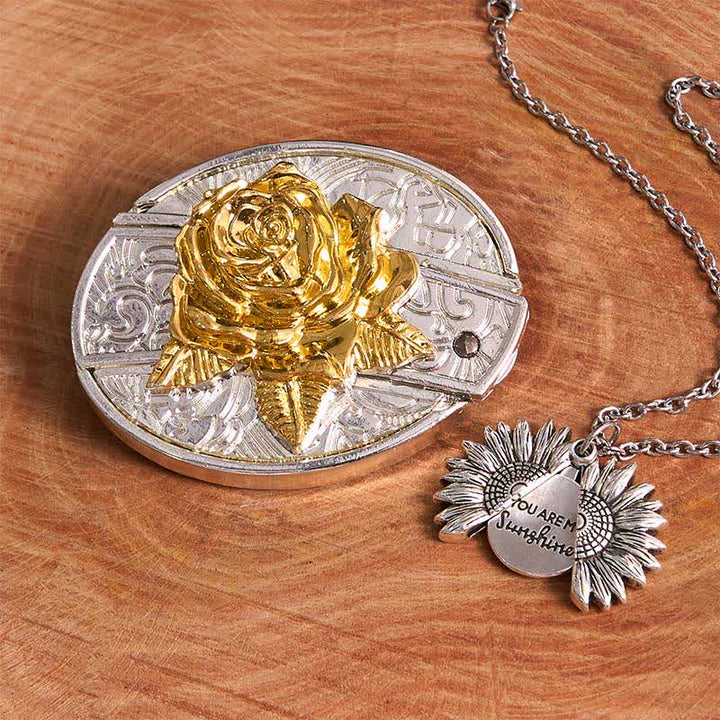 Conjunto de collar con girasol y hebilla de cinturón con cuchillo oculto en forma de rosa, dorado y plateado