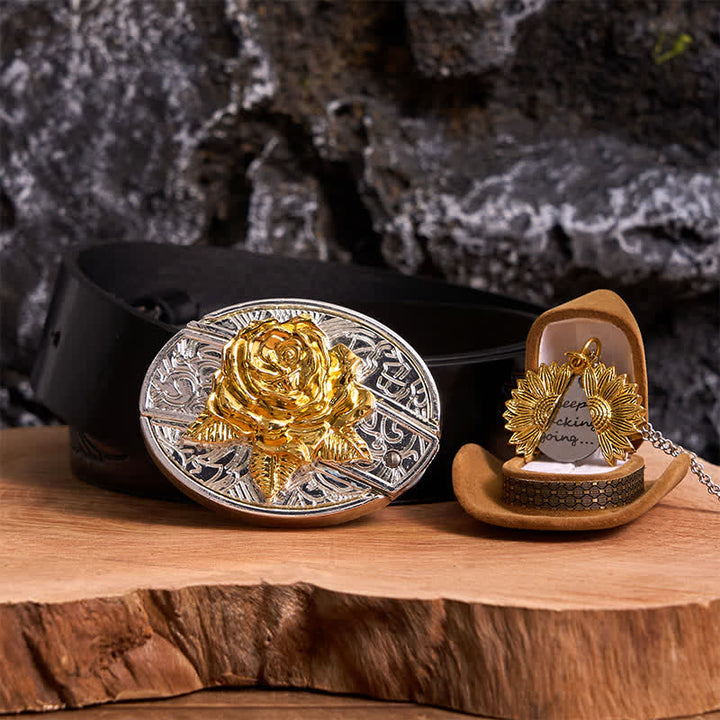 Conjunto de collar con girasol y hebilla de cinturón con cuchillo oculto en forma de rosa, dorado y plateado