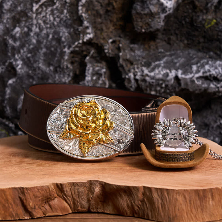 Conjunto de collar con girasol y hebilla de cinturón con cuchillo oculto en forma de rosa, dorado y plateado