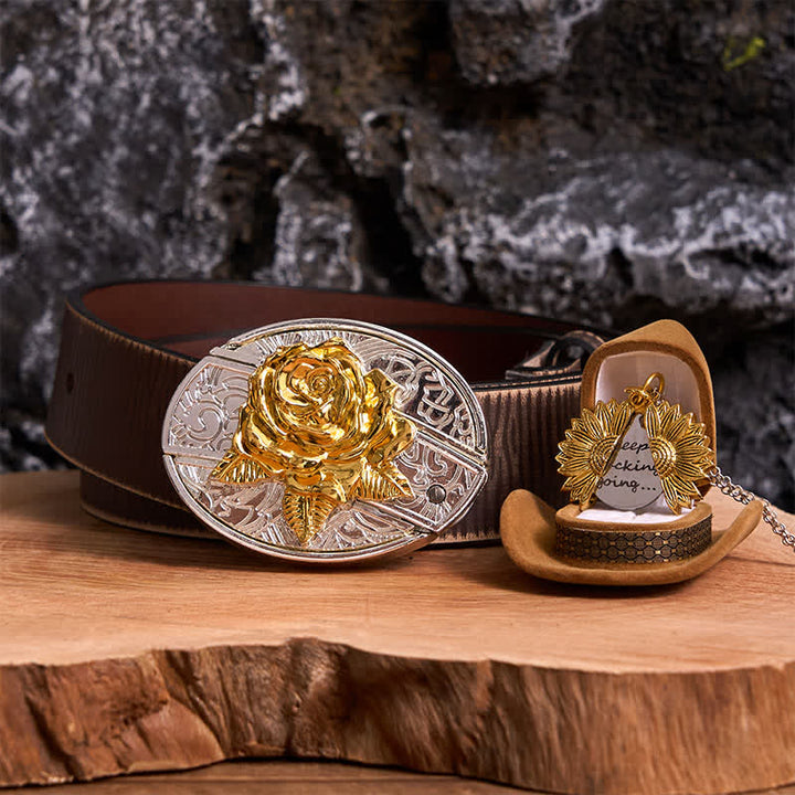 Conjunto de collar con girasol y hebilla de cinturón con cuchillo oculto en forma de rosa, dorado y plateado